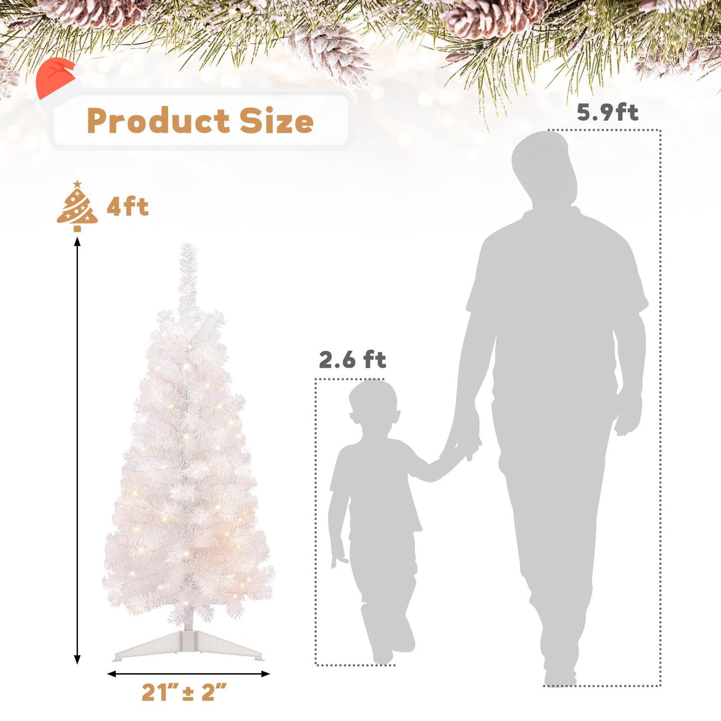 Decoway Pre-Lit Artificial Christmas Tree, 4ft Slim White Tinsel Christmas Tree with Warm White LEDs, Battery Operated - Includes Stand, Fire Retardant PVC for Small Spaces, Home Indoor Decoration