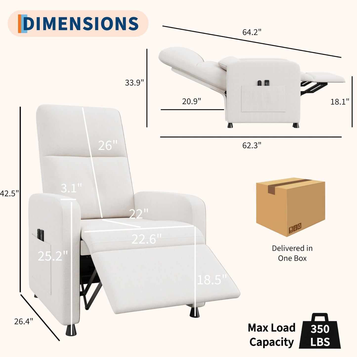 Power Recliner Chair, Adjustable Electric Reclining Chair for Adults, Overstuffed Tall Back Sofa with Padded Seat, 2 Side Pockets & USB Port, Home Theater Seating for Living Room - White