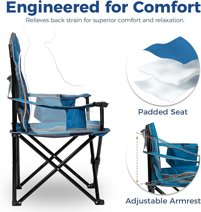 Matrasco Oversized Padded Camping Chair, Heavy-Duty Steel Frame for 450 lbs Supports, Convenient 6-Can Cooler, Portable Carry Bag, Perfect for Outdoor, Beach, and Hiking (Blue & Gray)