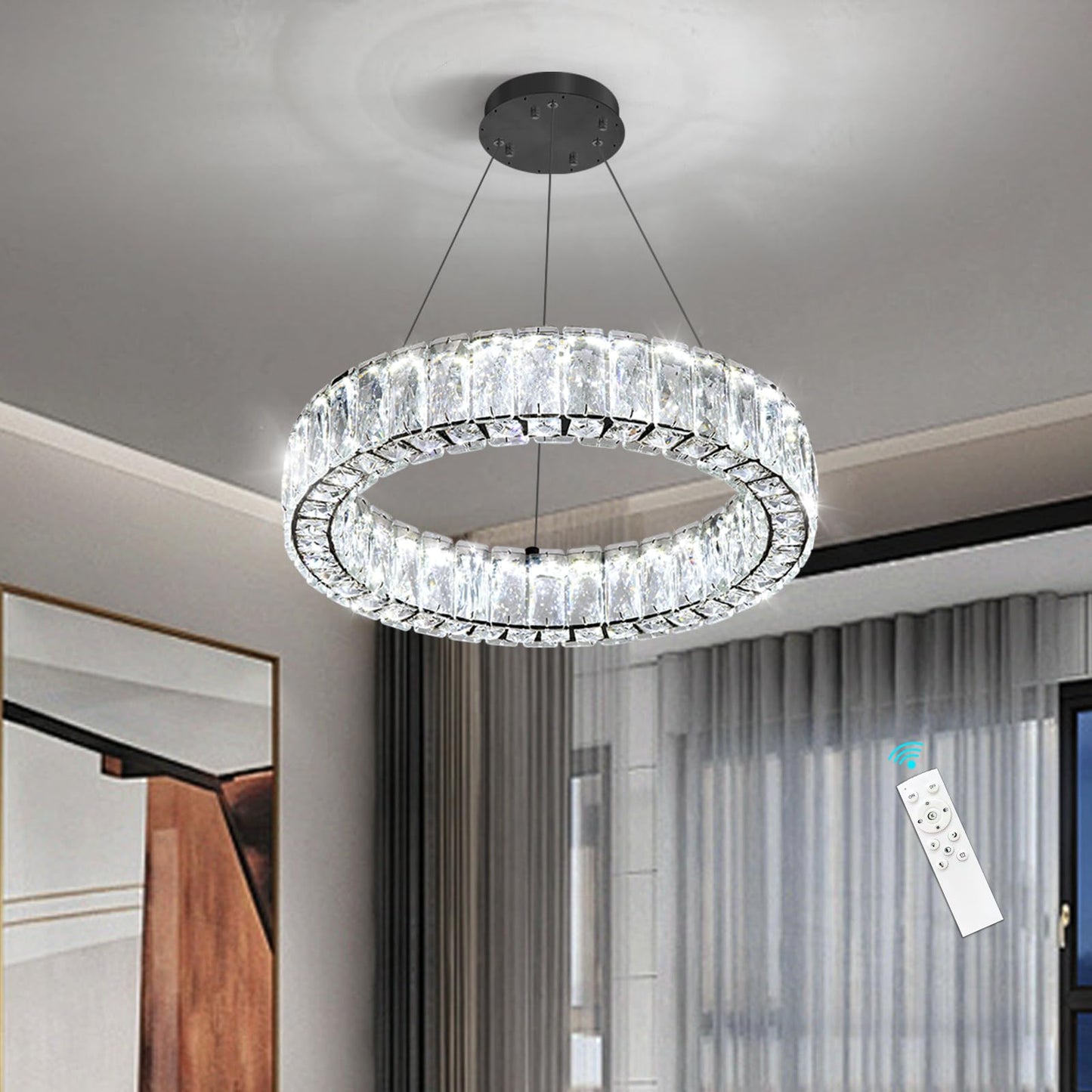 HAIXIANG Modern Crystal Chandelier Dimmable LED 16 Inch Ring Pendant Lights Adjustable Glam Chandeliers Lighting Fixtures for Dining Room Living Room Bedroom Black Light