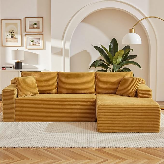 105 Inch Modular Sectional Sofa,Modern Cloud Sectional Couch with Deep Seat,Corduroy Boneless Couches with L-Shape Chaise for Living Room Bedroom,No Assembly Required (Yellow, Right Facing Chaise)