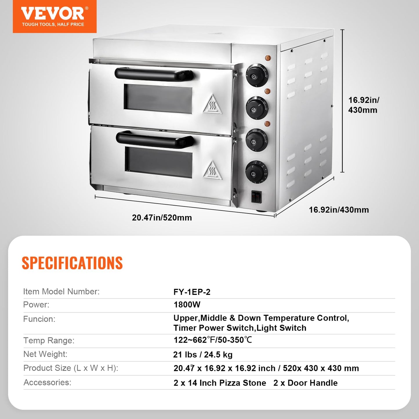 VEVOR Commercial Pizza Oven Countertop, 14" Double Deck Layer, Stainless Steel Electric Pizza Oven with Stone and Handle, Multipurpose Indoor Pizza Maker for Restaurant Home Pretzels Baked