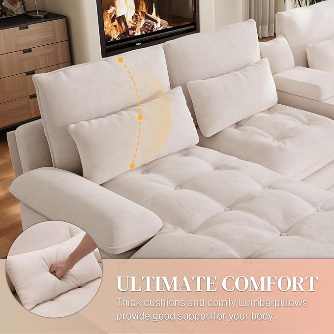 BEQAI 134"U Shaped Sectional Couch for Living Room, Modern Chenille 6 Seat Living Room Sofa Set with Storage Console, Oversized Modular Sectional Fluffy Couch with Tufted Buttons & Chaise Lounge,Beige