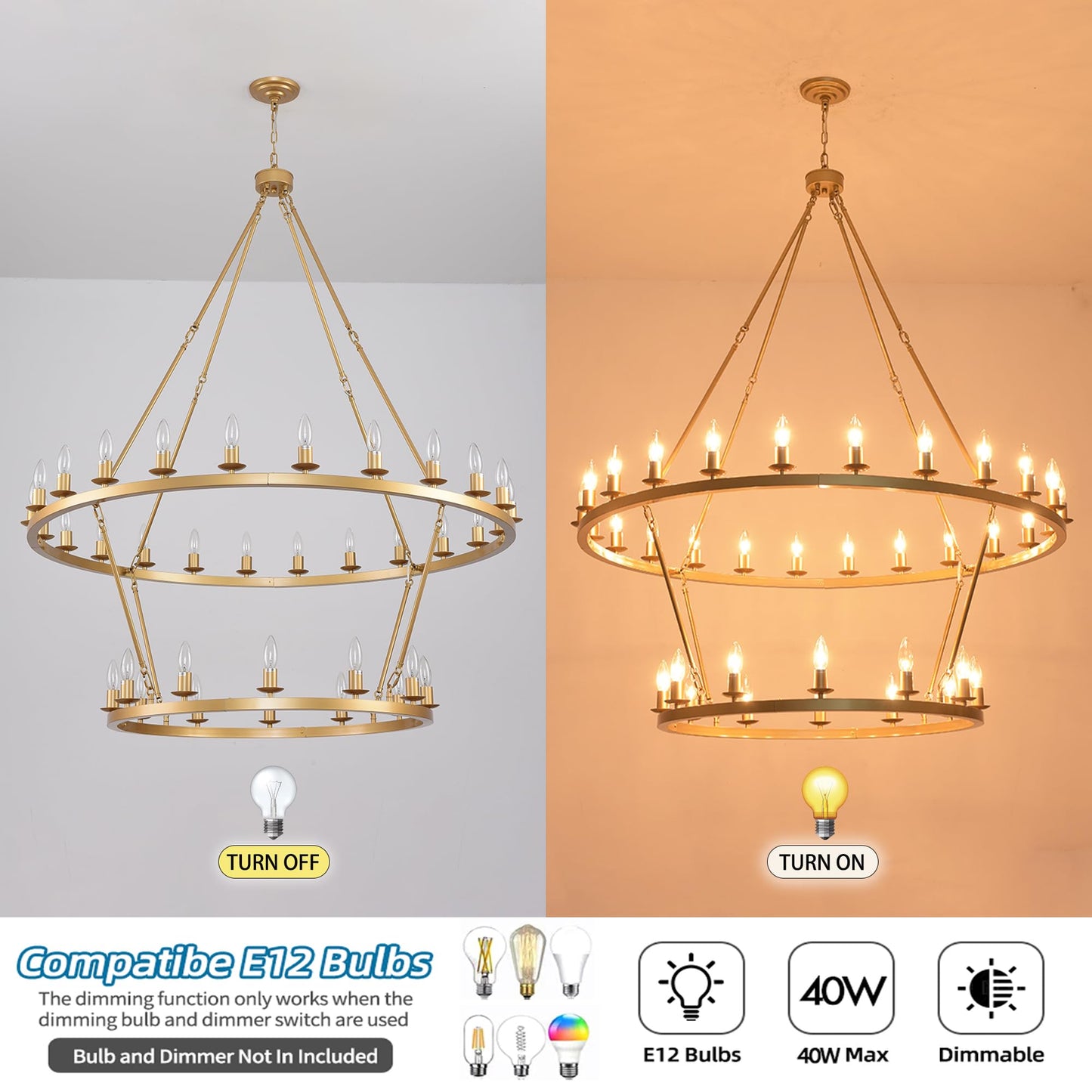 JKLX 48 Inch 2 Tier Gold Extra Large Wagon Wheel Chandelier 36-Lights Farmhouse Industrial Round High Ceiling Pendant Light Adjustable Chain, for Dining Room, Living Room