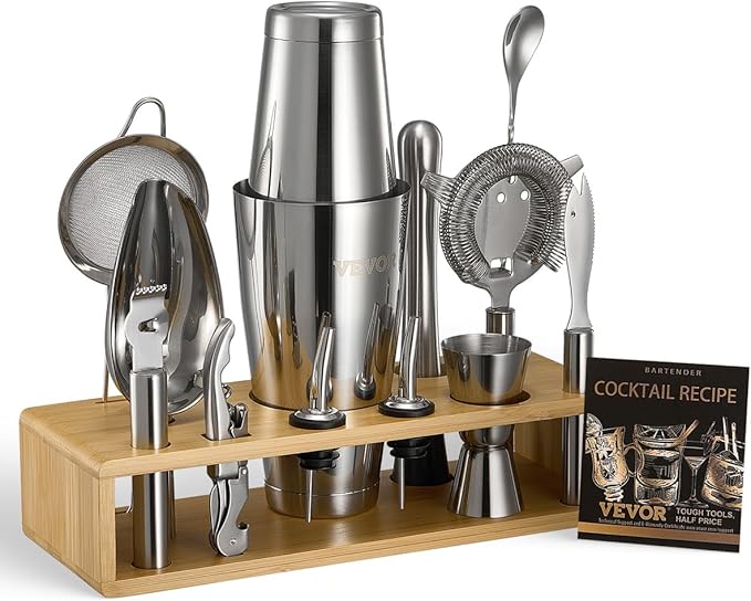 VEVOR Cocktail Shaker Set, 13-Piece Stainless Steel Bar Tools with Bamboo Stand, Boston Bartender Kit Accessories | Mixer ...