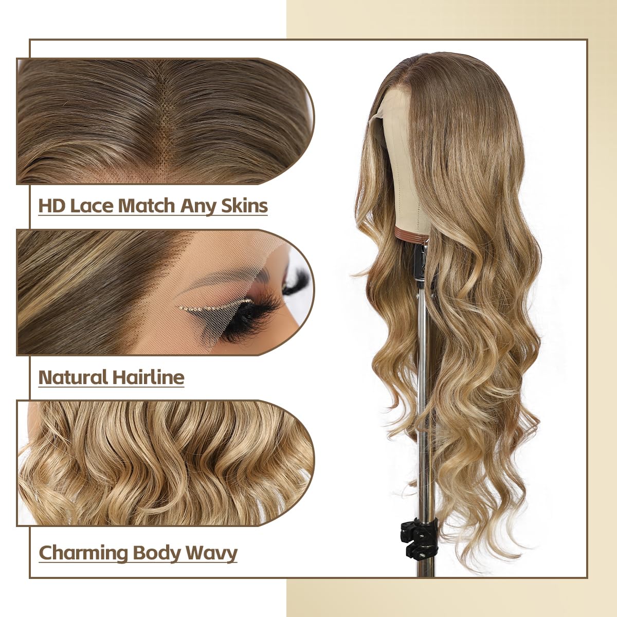 BABEHERS Blonde Lace Front Wig for Women 13x4 Body Wave Synthetic Wigs with Ombre Blonde Tips Pre-plucked Long Wavy 150% Density