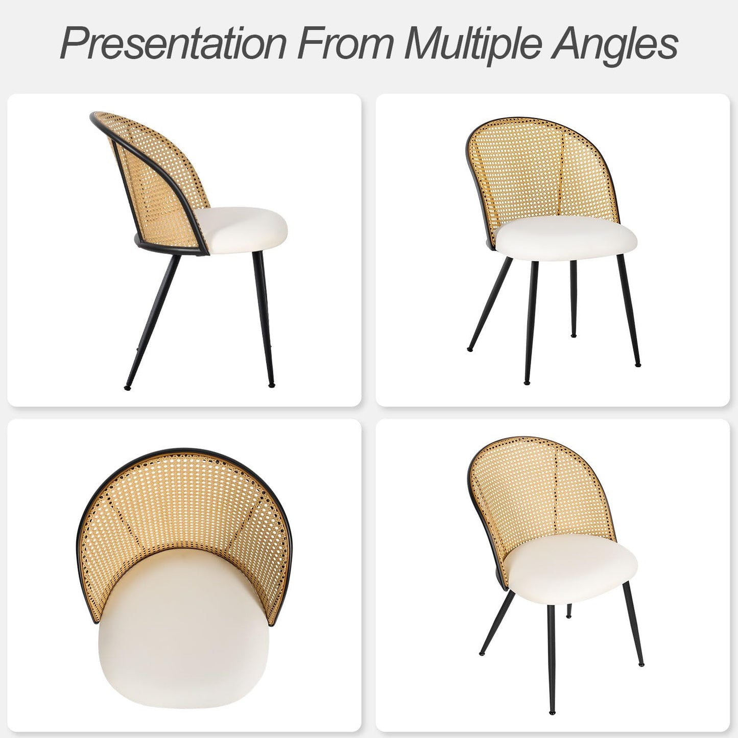 Bekrvio Dining Chairs Set of 4, Mid Century Modern Dining Room Chairs with Full Rattan Back, Faux Leather Kitchen Dining Chairs Farmhouse Armless Mesh Cane Back Side Chairs with Metal Legs, White