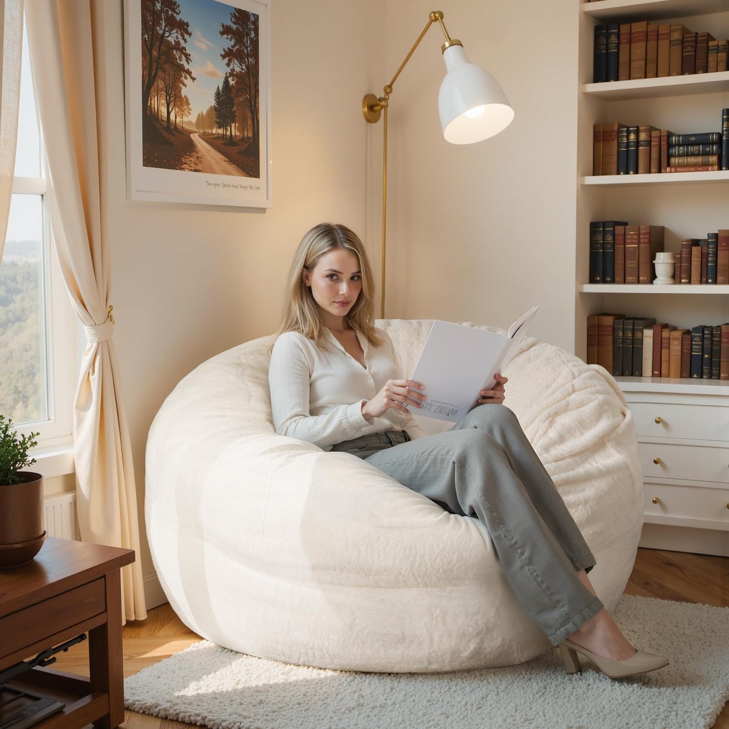 LFCREATOR Giant Bean Bag Chair for Adults, Faux Fur Bean Bag Chair Bed with Mattress Bed Use, Convertible Bean Bag Sofa Bed with Filler Included for Living Room,Bedroom, White.Large-Sized