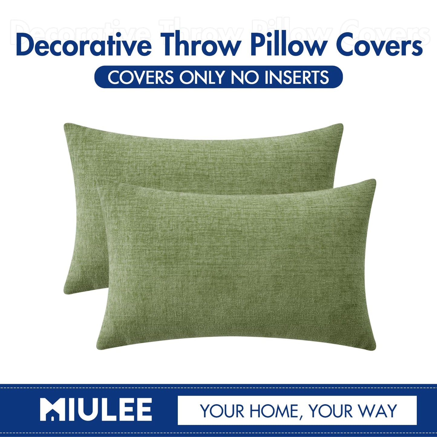 MIULEE Pack of 2 Couch Throw Pillow Covers 12x20 Inch Spring Soft Sage Green Chenille Pillow Covers for Sofa Living Room Solid Dyed Pillow Cases