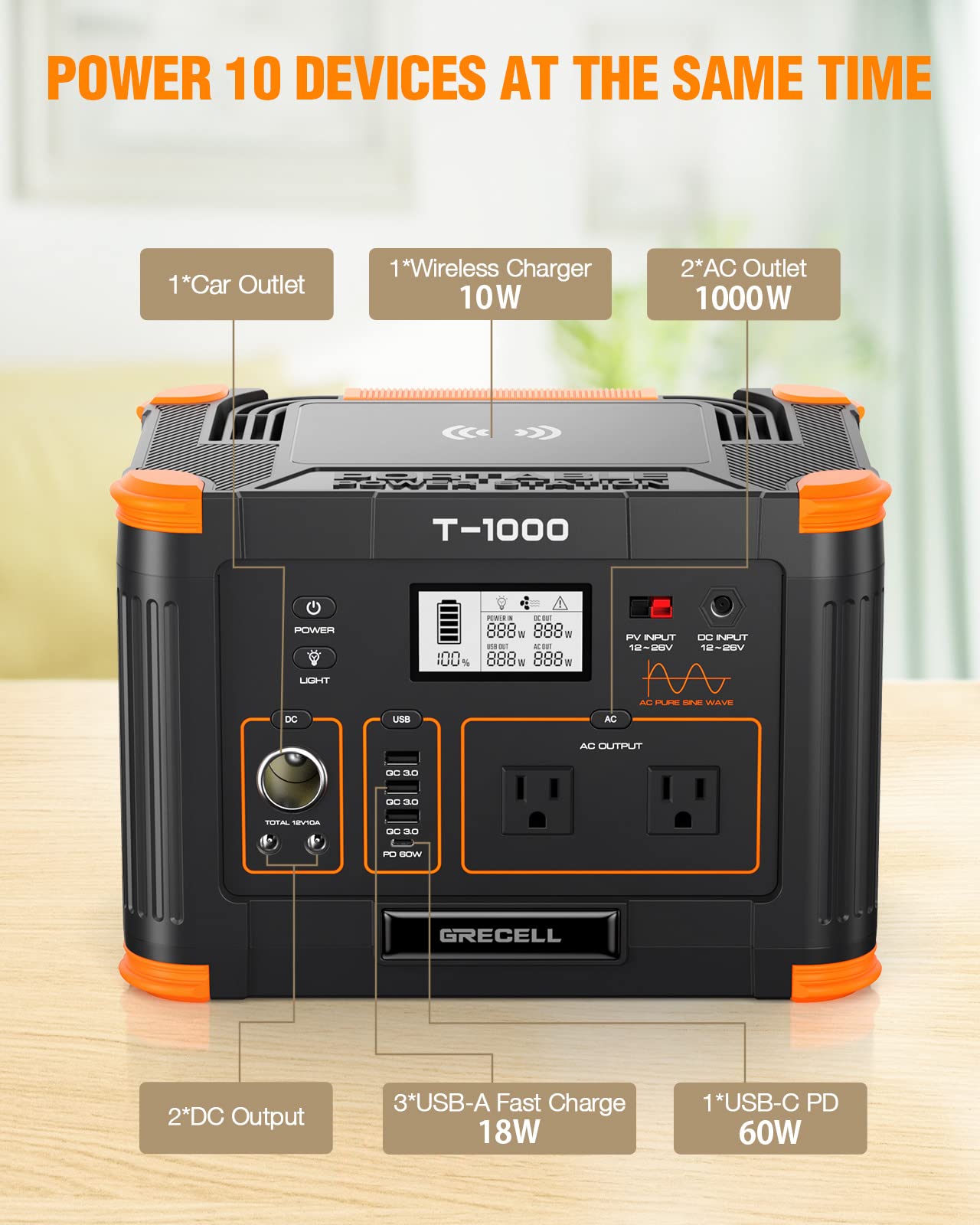 Portable Power Station 1000W (Peak 2000W), Grecell 999Wh Solar Generator With 60W Usb-C Pd Output, 110V Pure Sine Wave Ac Outlet