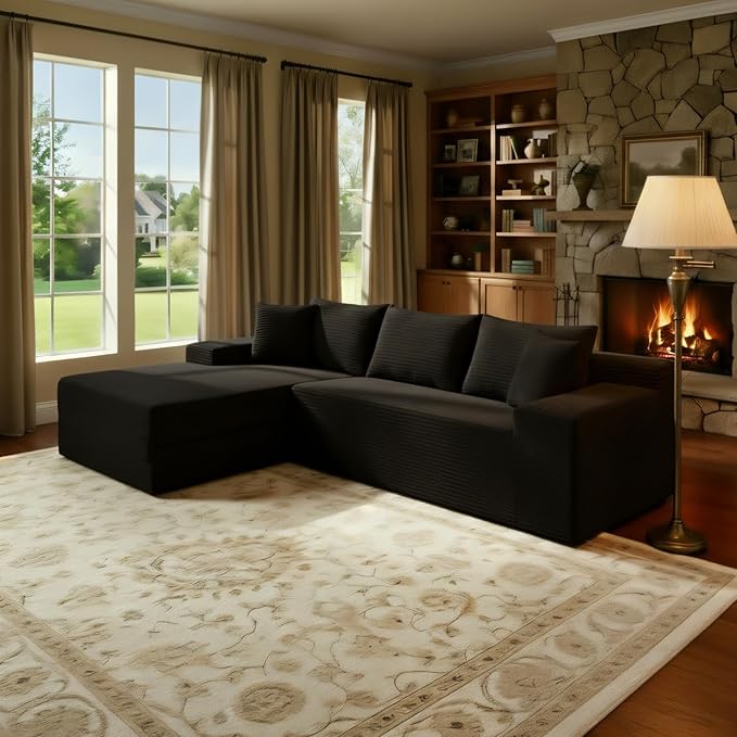 105’’ L-Shape Modular Sectional Sofa with Chaise, Convertible Cloud Couch, Corduroy Fabric & High-Density Memory Foam, No Assembly Required for Living Room (Black, Left Facing Chaise)