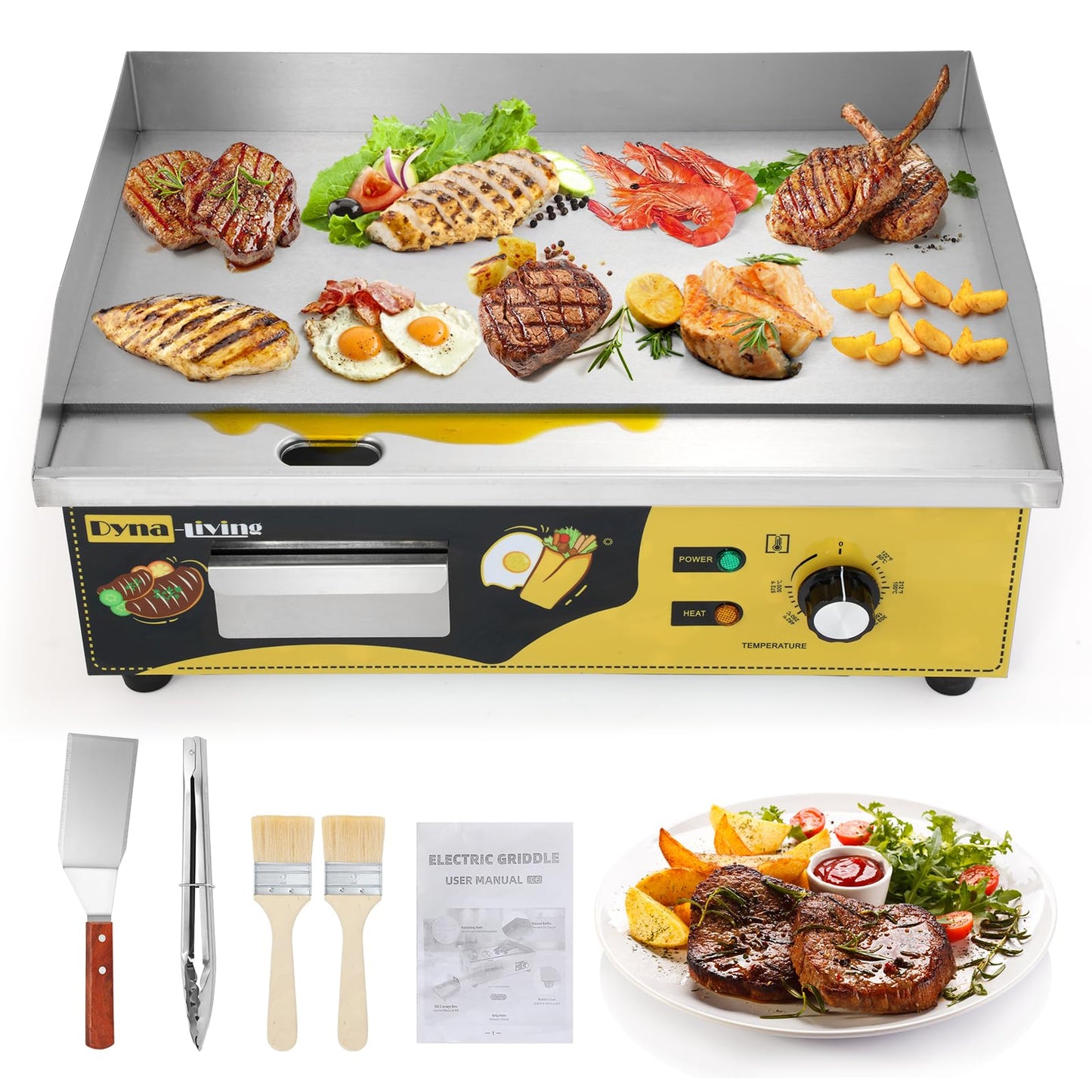 Dyna-Living Commercial Electric Griddle 22'' Stainless Steel Countertop Griddle 3000W 110V Flat top Grill Electric for Home Kitchen, Restaurant, 122℉-572℉ Temperature Adjustable