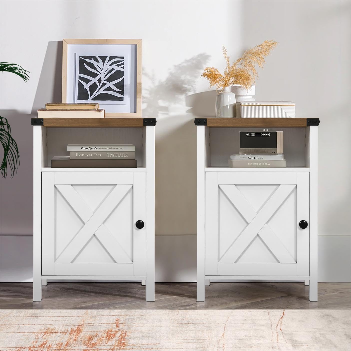 Catrimown Farmhouse End Table, Nightstand Set of 2, Rustic Night Stand with Barn Door and Storage Shelf, White End Table, Side Table for Bedroom Living Room, White