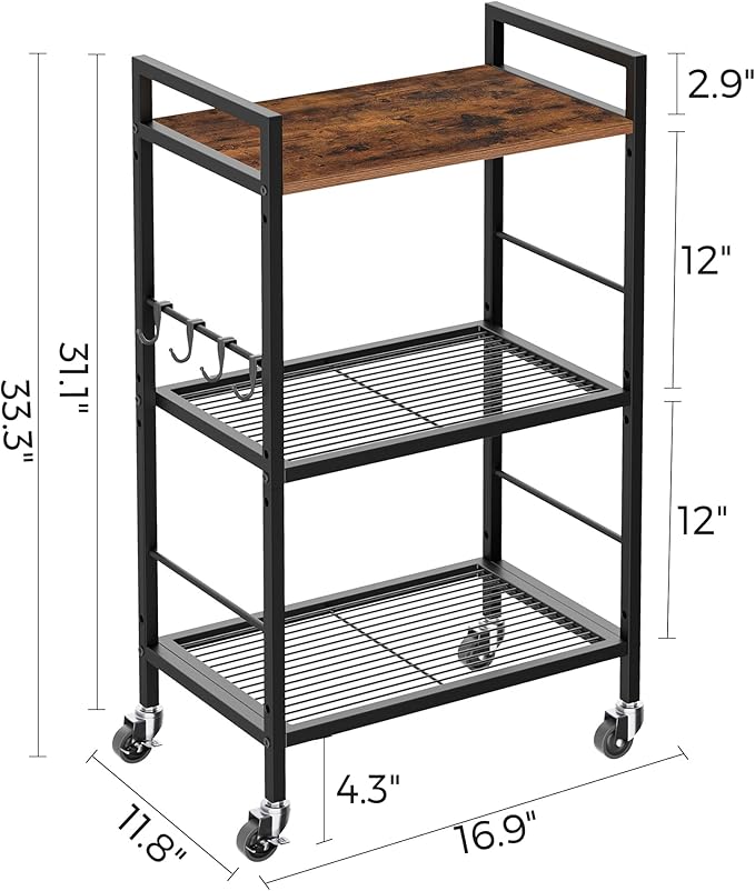 XIVIRACK 3-Tier Metal Storage Rack with Industrial Wheels,Mesh Shelving Unit with Wooden Table top,Adjustable Shelf,16.9-Inch Width,for Kitchen,Laundry,Pantry,Plant,Black