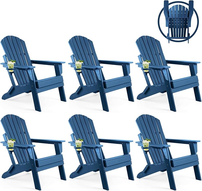 FUNBERRY Folding Adirondack Chair Set of 6, All Weather HDPE Fire Pit Chairs with Cup Holder for Outdoor