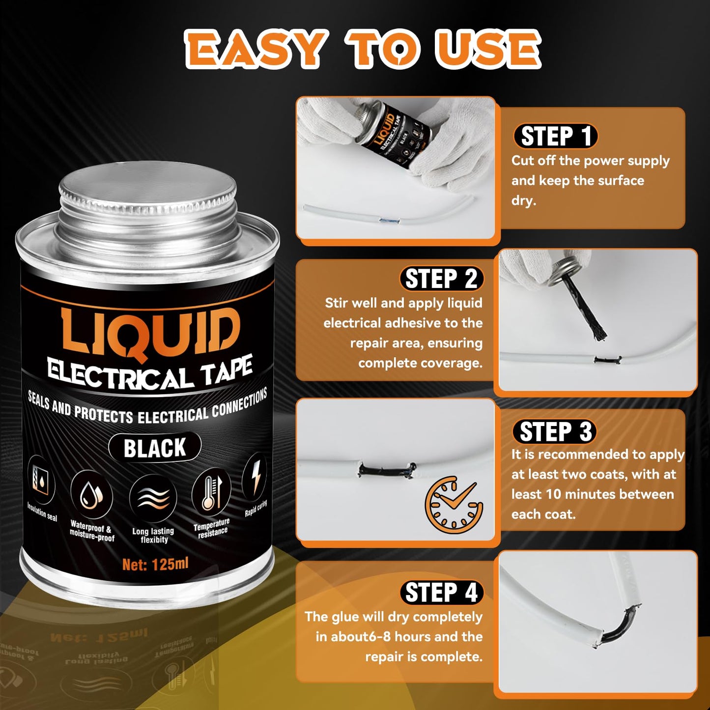 Liquid Electrical Tape, Quick Drying Insulating Electrical Glue, Black Waterproof Wire Glue, High Temperature Resistant; Ideal for Wire Equipment Repair, Automotive, Marine, and Home Use, 4OZ