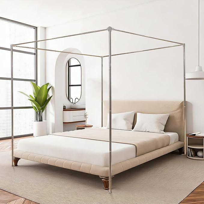 Hosercap Canopy Bed Frame Full Size, Stainless Steel Metal Bed Post Poles, Heavy Duty 4 Poster Floor Bedframe, Freestandin...