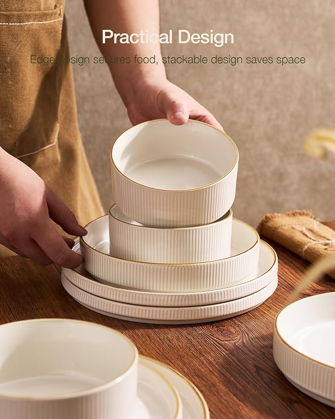 Famiware Star Dinnerware Set with Pasta Bowls, Service for 6 (24 Pieces), Ribbed Stoneware Plates and Double Bowls Sets with Trim - Chip & Scratch Resistant, Microwave & Dishwasher Safe Dishes, White