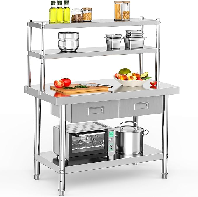 YITAHOME 48" × 24" Stainless Steel Table with Overshelves and 2 Drawers, NSF Worktable with 48" X 12" Shelf & 2 Drawers, Metal Prep Workstation for Home Kitchen Restaurant Garage Warehouse
