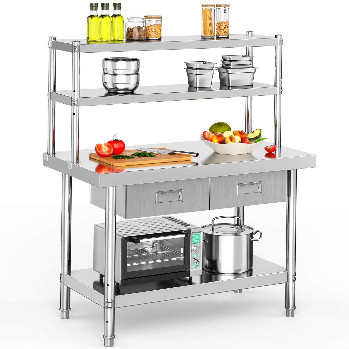YITAHOME 48" × 24" Stainless Steel Table with Overshelves and 2 Drawers, NSF Worktable with 48" X 12" Shelf & 2 Drawers, Metal Prep Workstation for Home Kitchen Restaurant Garage Warehouse