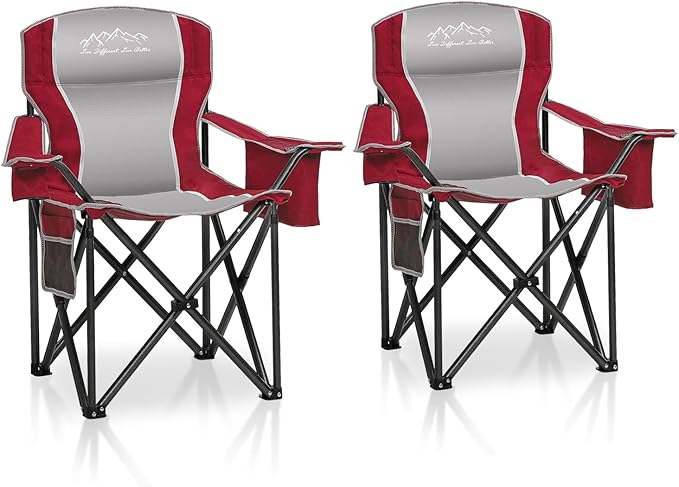 SAILARY 2PCS Folding Camping Chair Portable Outdoor Heavy Duty Padded Chairs Lawn Chair with Cup Holder, Storage Pocket and Cooler Bag, Supports 450LBS Red