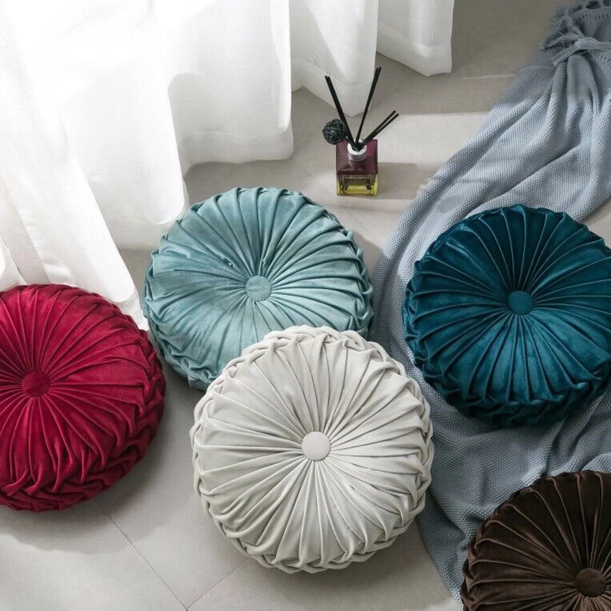 HLOVME Round Velvet Pillow for Couch Small Handmade Decorative Throw Pillow for Bed Bedroom 13.7” Wine Red
