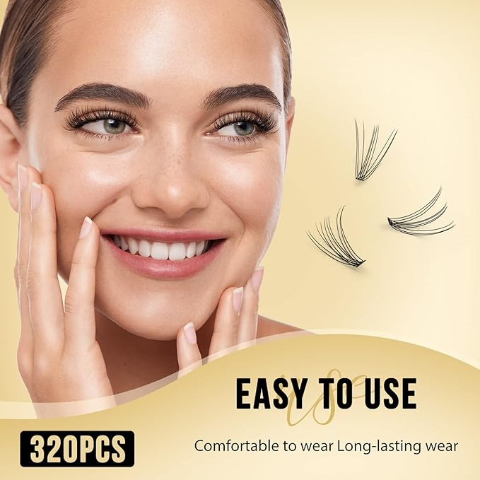 QUEWEL Lash Clusters 320Pcs Cluster Lashes 10D D Curl Lash Cluster Eyelash Extensions Mix9-16mm Individual Eyelashes Clusters Wispy Lash Clusters Thin Band Soft to Use at Home(10D D Mix9-16)