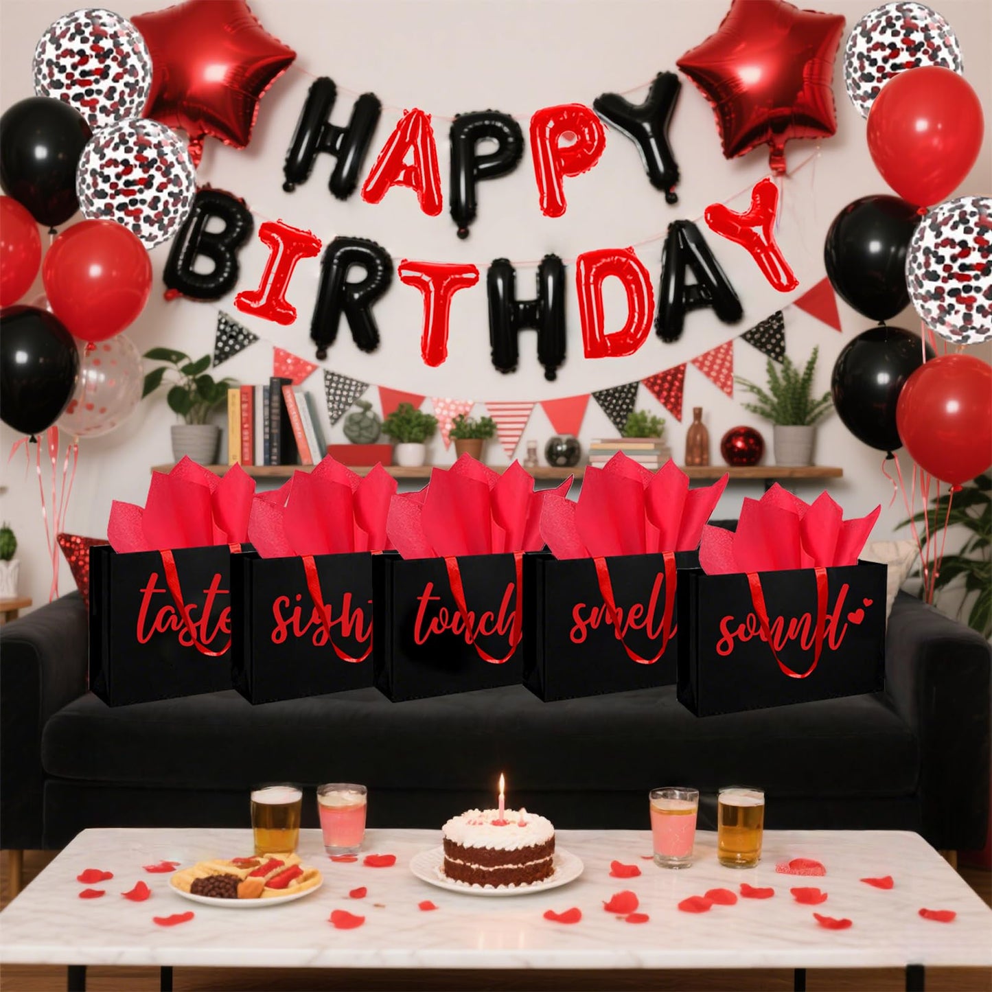 5 Senses Gift Bags Five Senses Birthday Party Decorations with Tissue Paper, Rose Petals and Happy Birthday Banner Balloons Five Senses Gift for Him Husband Boyfriend (Red black)