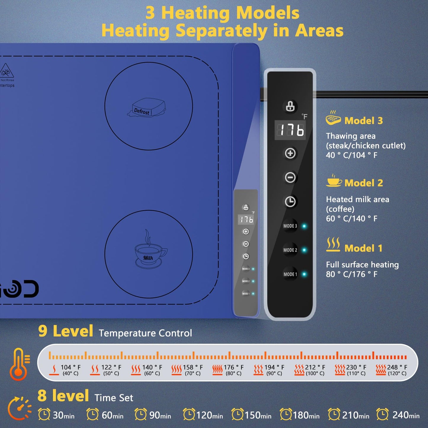 Food Warming Mat with 3-Zone Heating Mode, Redagod Electric Warming Tray with 9 Temperature & 8 Timer Settings, Hook and Roll Up Storage, Portable Countertop Food Heating Mat for Home Daily Use, Blue