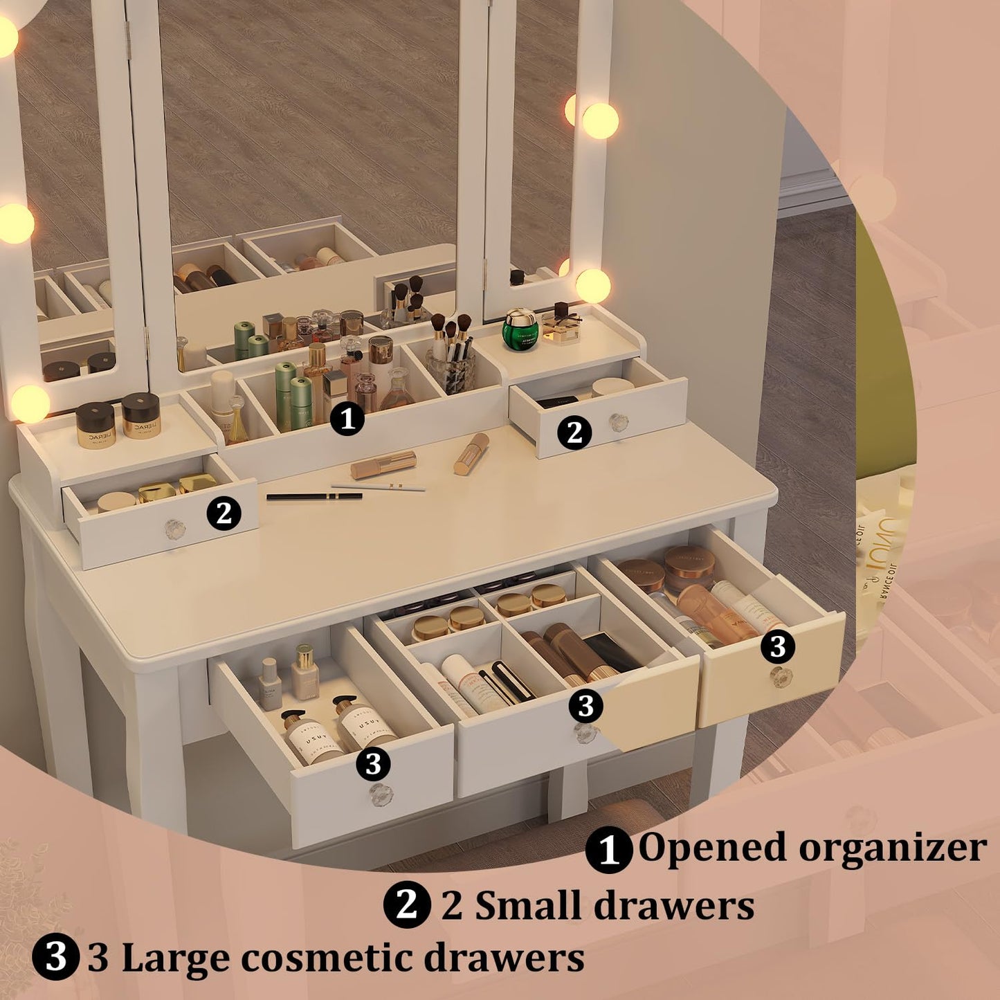 Longtesun Makeup Vanity Set Teen Vantity Set White Vanity Desk with Mirror and Lights Vanity Table with Lights Vanity Mirror with Lights Desk and Chair Makeup Vanity Table Makeup Vanity with Lights