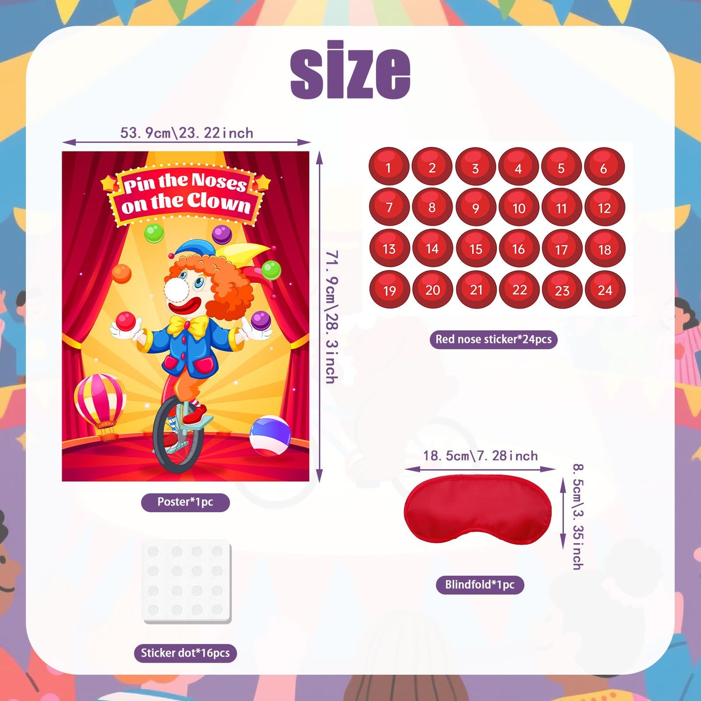 Circus Carnival Party Decorations - Pin The Noses on The Clown Birthday Games Yellow Clown Theme Poster with 24pcs Stickers and 1 Blindfold