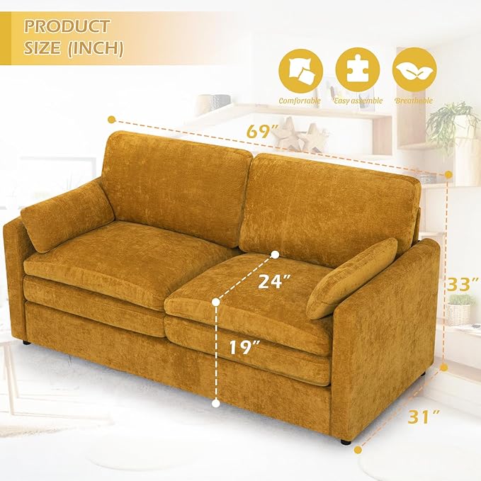 ACMEASE 69” Chenille Loveseat Sofa w/Arm Pillows, Upholstered 2-Seater Sofa w/Comfortable Back Cushions, Modern 2 Seats Couch w/High-Density Foam for Living Room, Apartment, Office, Yellow