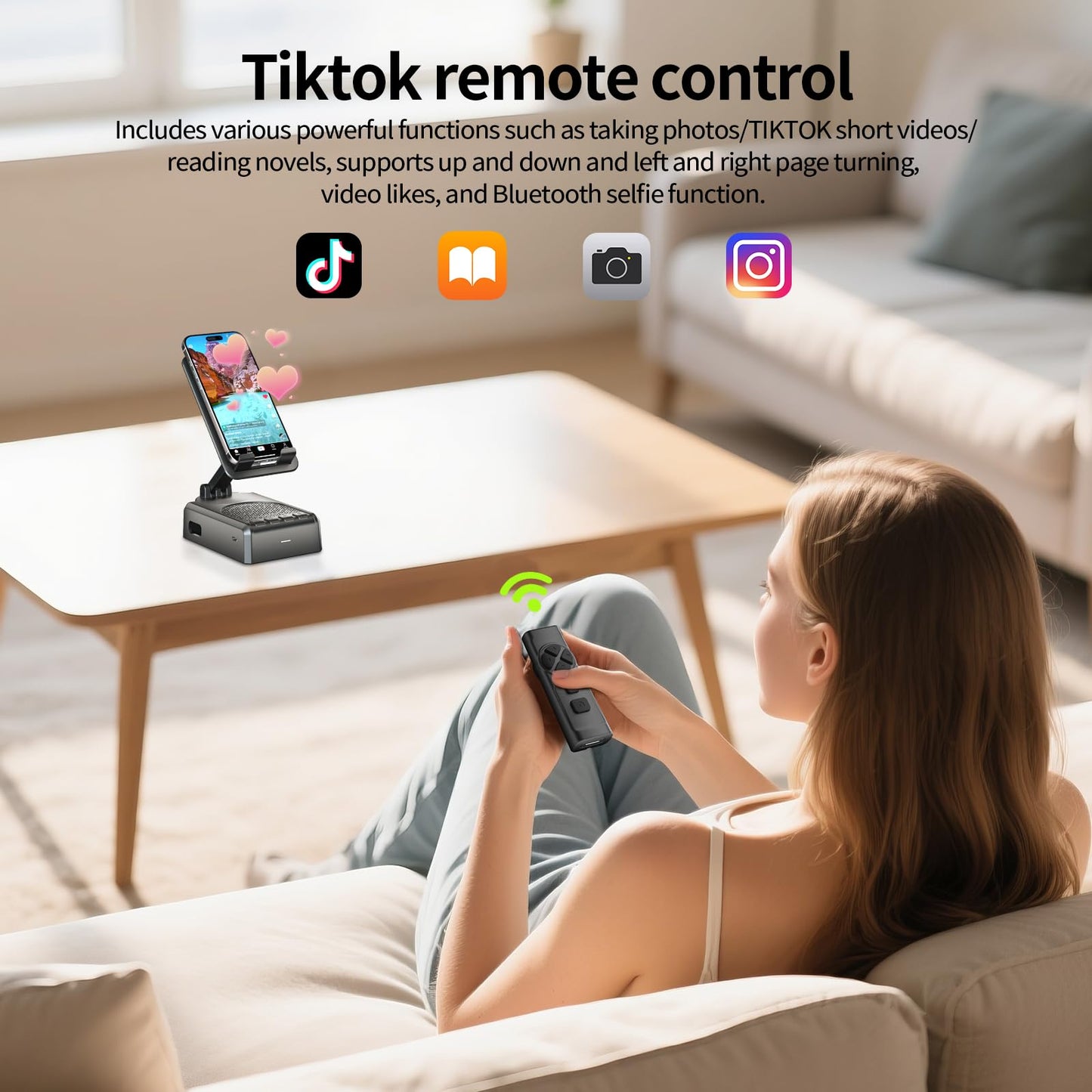 Cell Phone Stand with Bluetooth Speaker and Remote Control(Video Control/Camera Control),Birthday Gift, Portable Bluetooth Speaker for Home and Outdoors, All Day Playtime, Compatible with iOS/Android