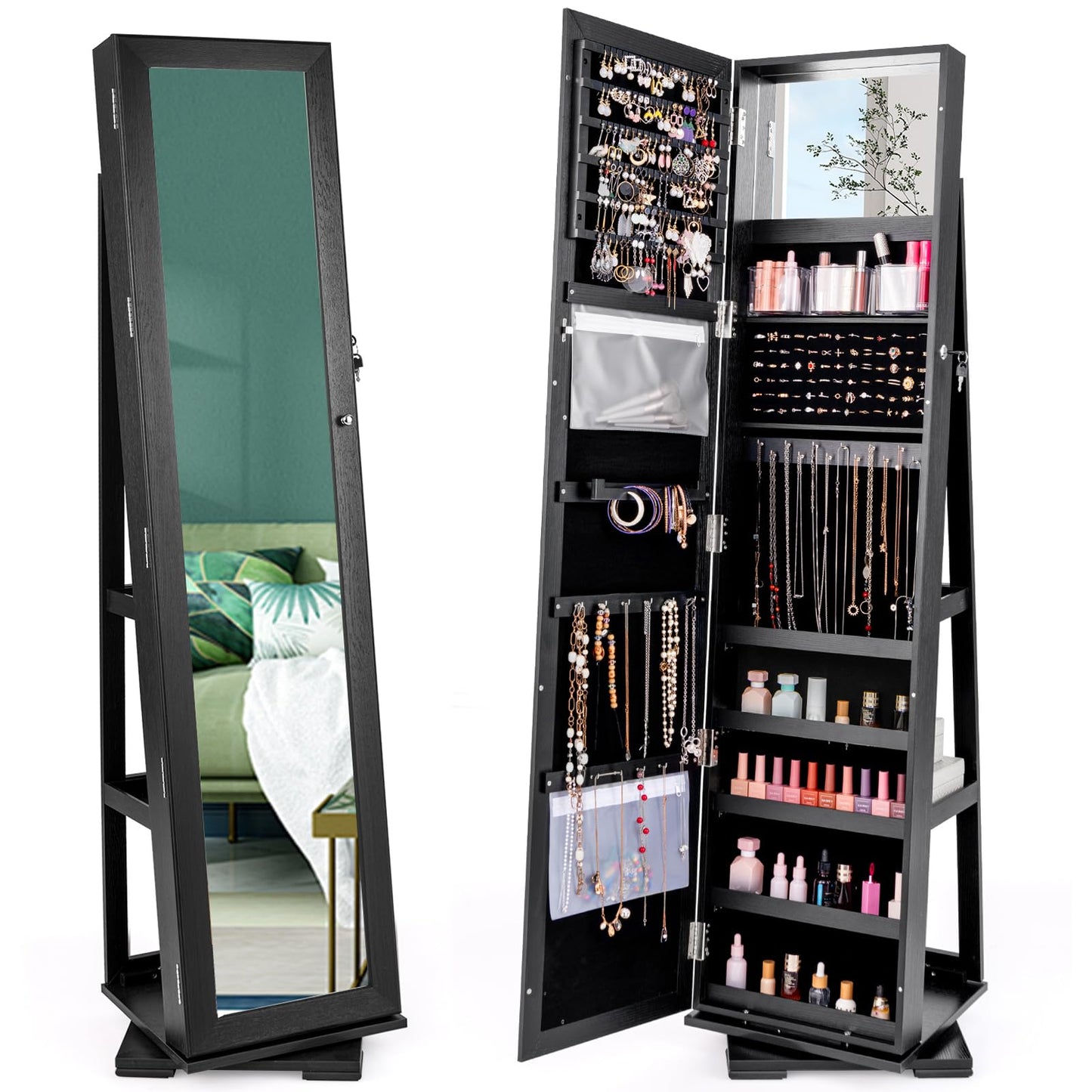 CHARMAID 360° Swivel Jewelry Armoire with Full Length Mirror, Standing Lockable Jewelry Cabinet Organizer, Large Storage Capacity, Inside Makeup Mirror, Back Storage Shelves (Black)