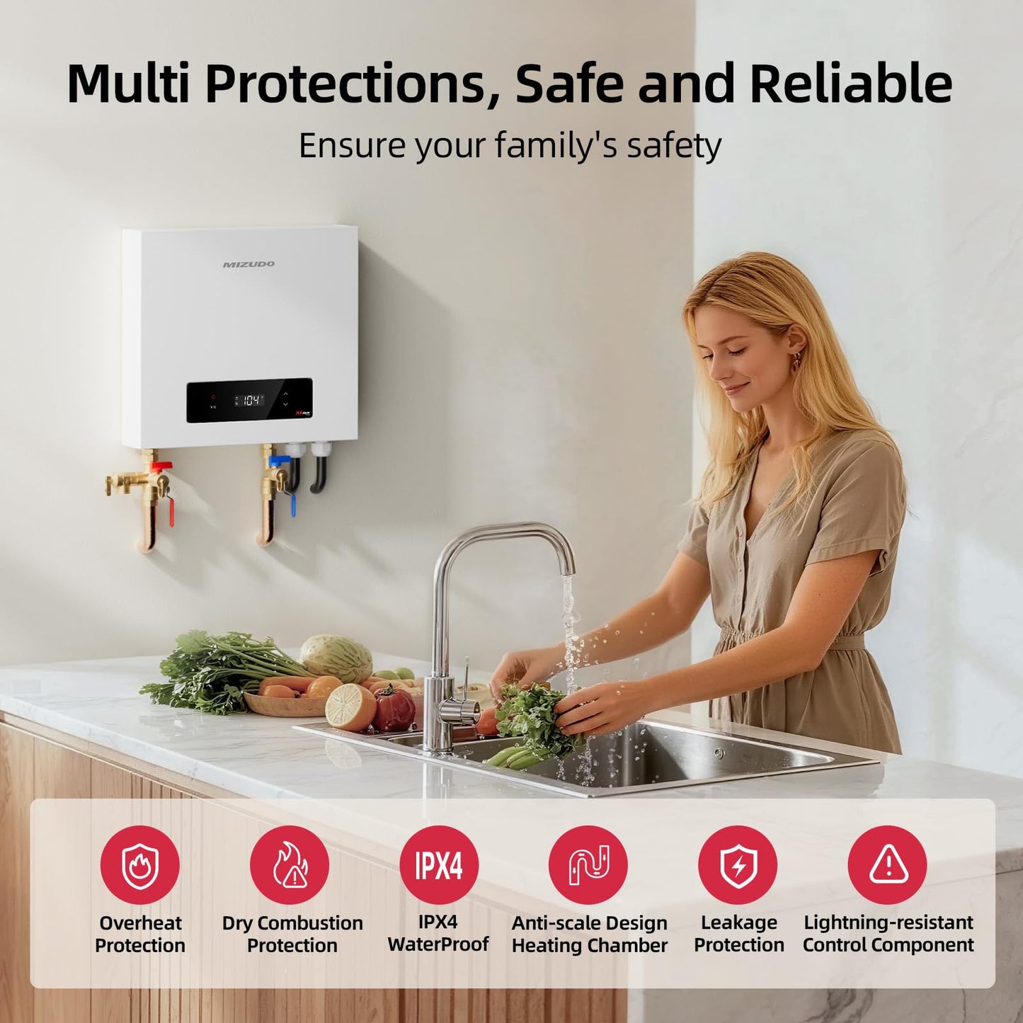 Mizudo 36kW Tankless Water Heater Electric, 240 Volt Instant Hot Water Heater, Up to 8.7 GPM for the Whole House Shower, 5-6 Points of Use, with LED Digital Display, Copper Cup Heating Element