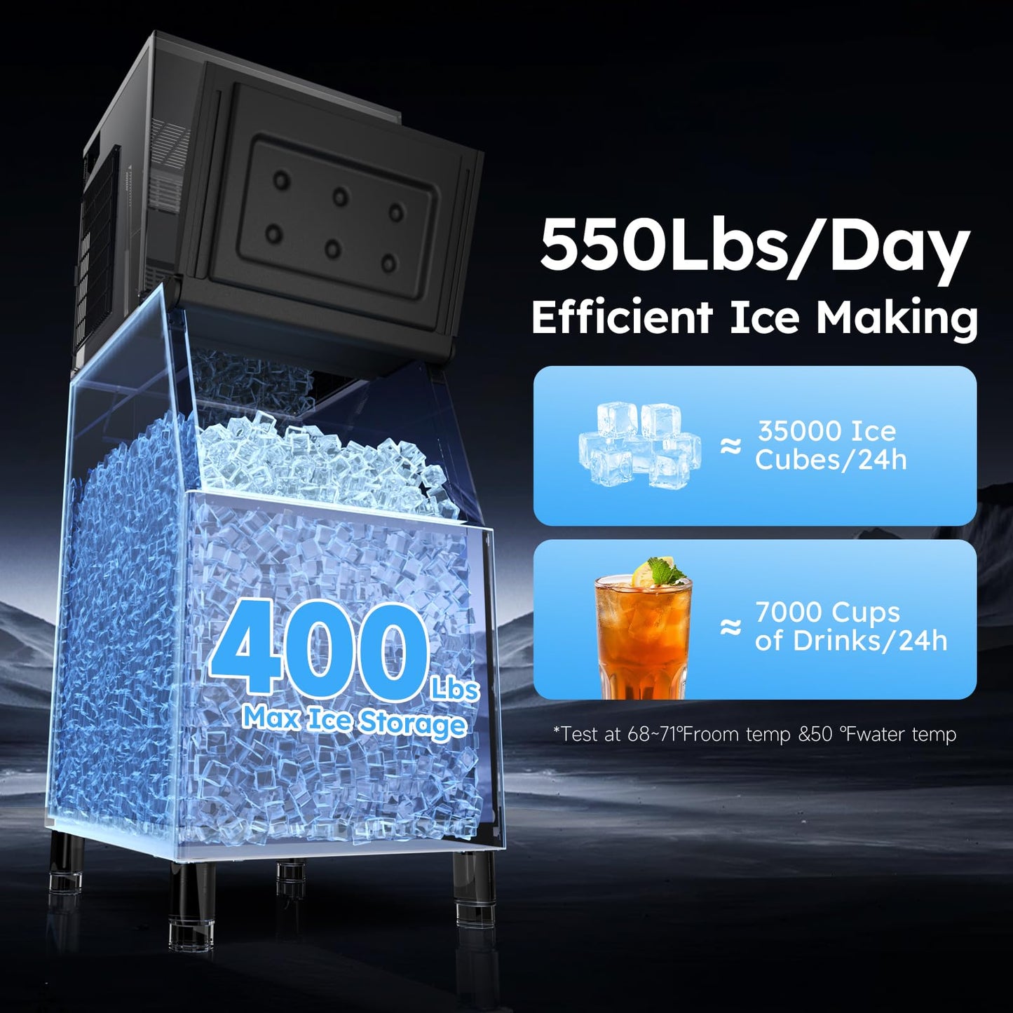 Commercial Ice Machine 550LBS/24H,Storage 400LBS,Large Industrial Ice Maker,Ice Ready in 5-15min,with Self-Cleaning Mode,with Timing Function,30 Levels of Ice Thickness Adjustment,Stainless Steel