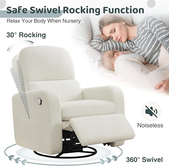 AEMEIOS Swivel Rocker Recliner, Oversized Boucle Glider Recliner Nursery, Manual Swivel Rocking Reclining Chairs with Removable Cushion and Lumbar Support for Nursery Living Room Bedroom, Teddy White