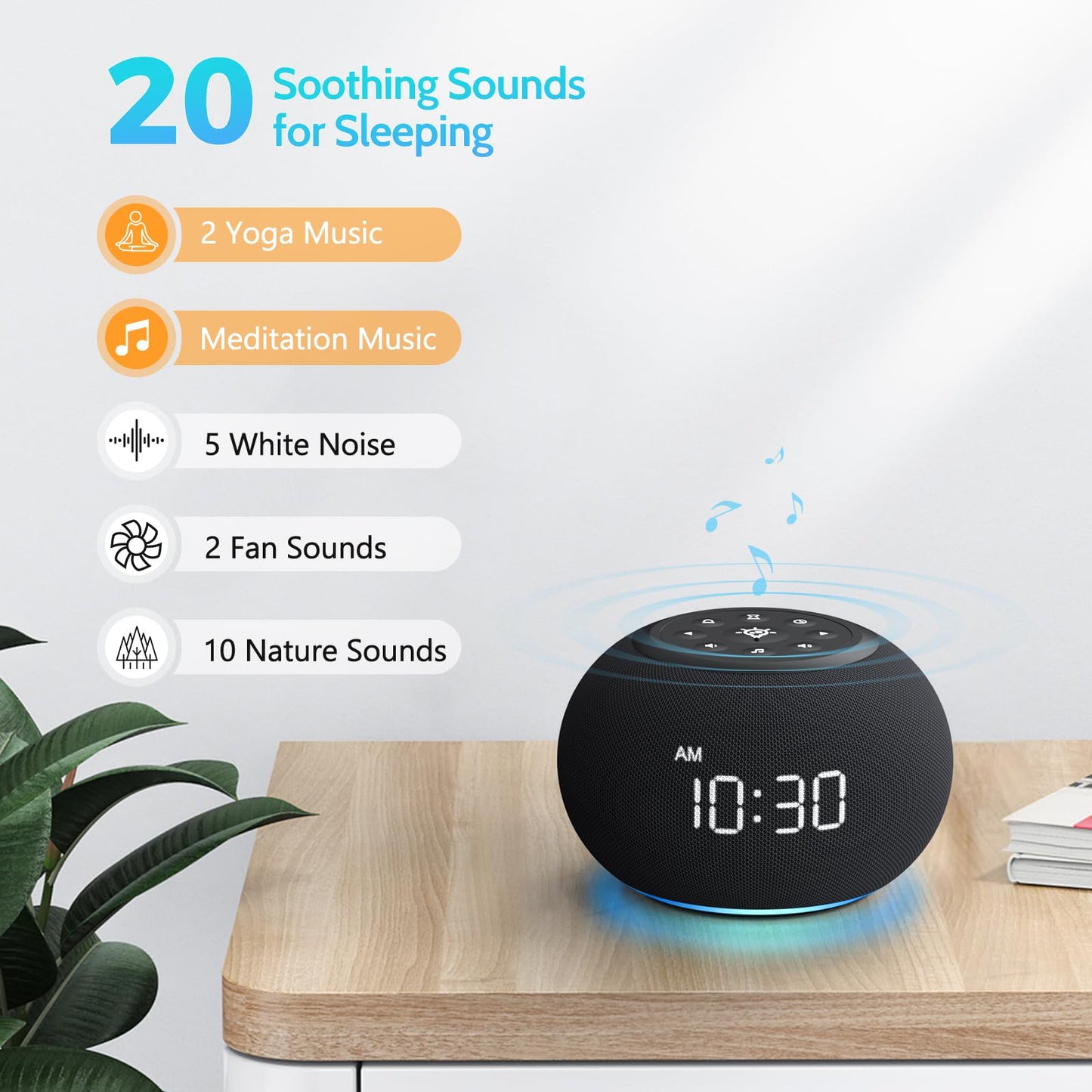 Reacher Auto-Dimmable Alarm Clock Sound Machine with Night Light, 20 Soothing Sounds, LED Digital Display, Sleep Timer, Adjustable Volume, Small White Noise Maker for Office, Travel