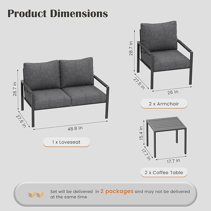 PATIOCHIC 5 Pieces Rattan Outdoor Furniture Set, All-Weather Patio Conversation Set with Dark Grey Cushions and Coffee Tables for Garden, Backyard, Balcony, Poolside