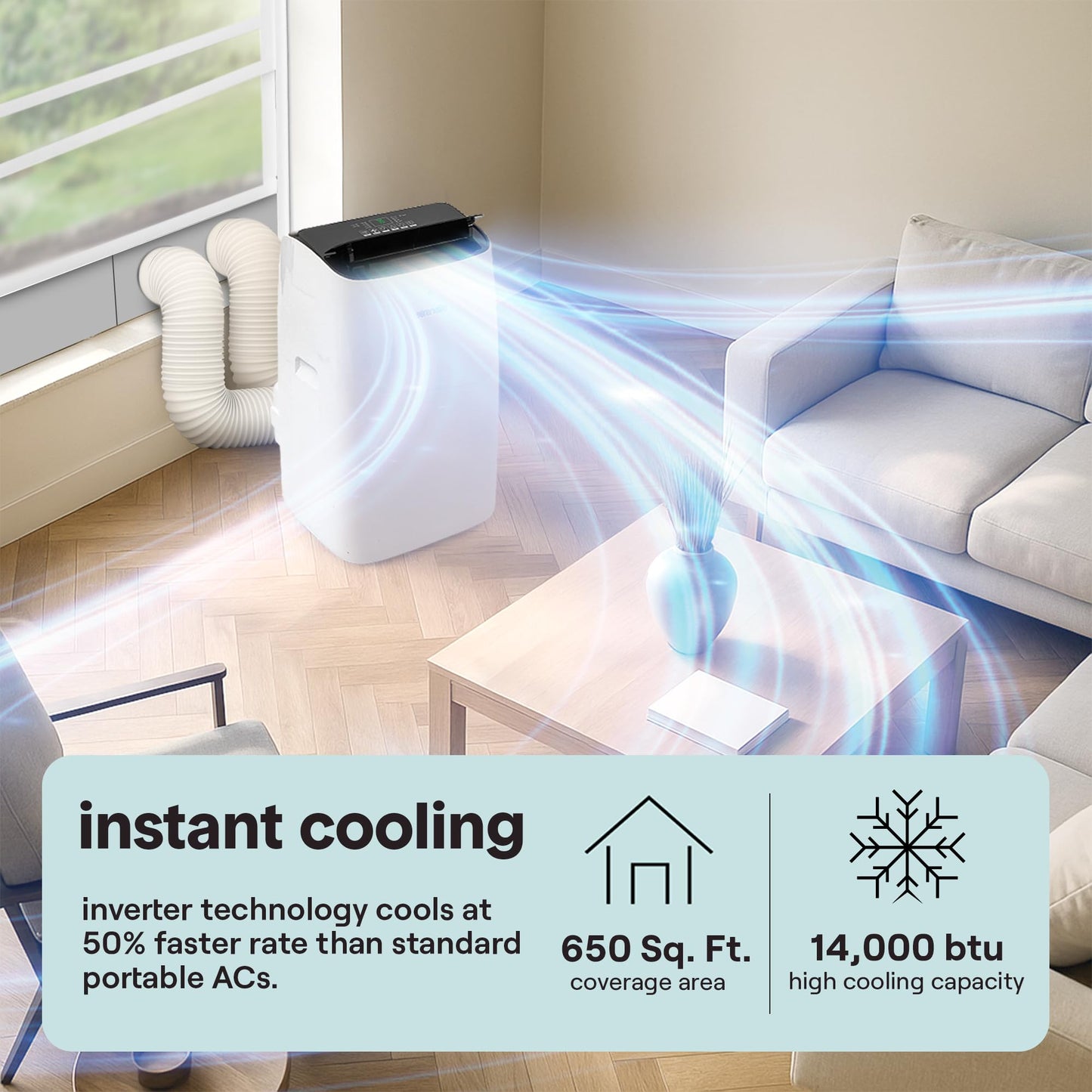 Serenelife 14000 Btu Ultra Quiet Portable Inverter Air Conditioner, Smart Cooling & Heating With Wifi, Energy Efficient, For Bed