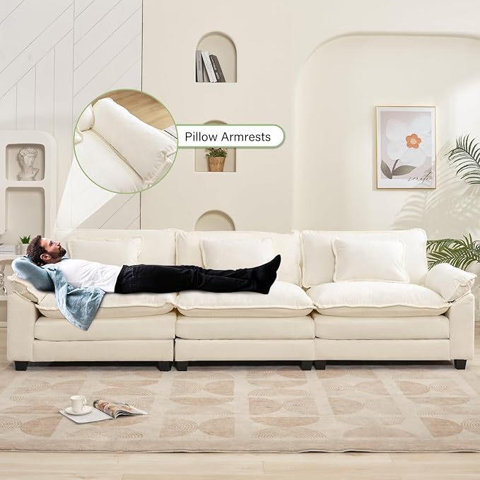Oprisen 120" Modular Sectional Sofa, Comfy Cloud Couch Sectional Sofa, Chenille Sofa Sleeper Deep Seat Sofa with Throw Pillows for Living Room (Beige White, 120"- 3 Seater)