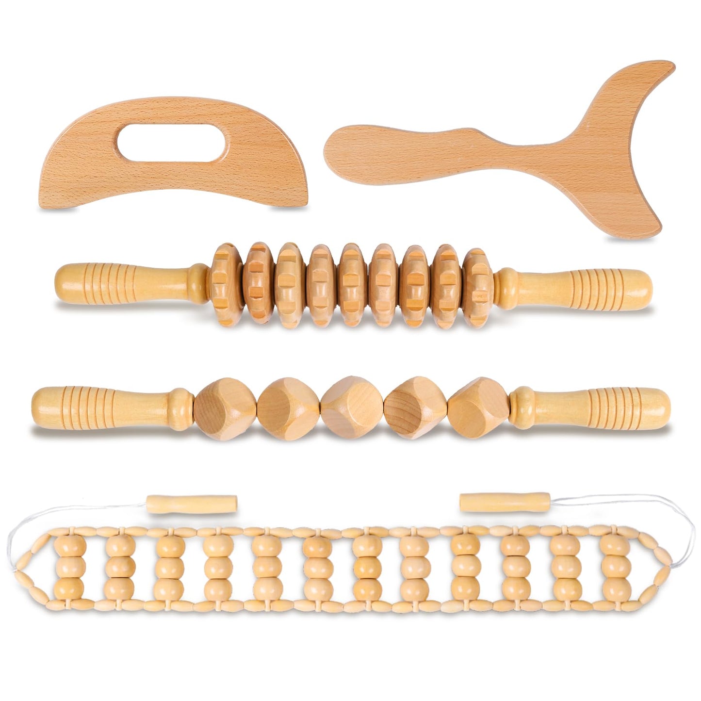 BONUMVITA Wooden Massage Tools Set, 5-in-1 Wood Therapy Massage Tools for Body Sculpting, Lymphatic Drainage Massager Manual Wooden for Maderoterapia, Guasha, Relief Muscle