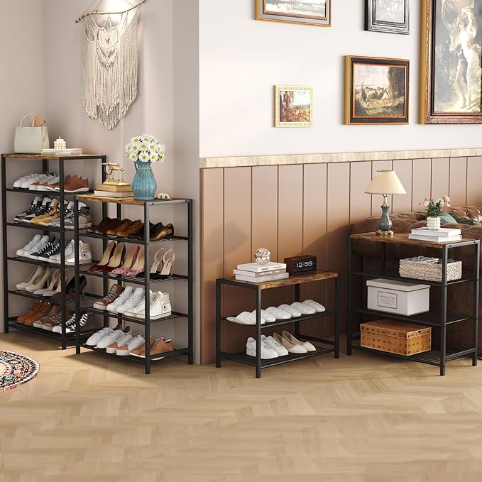 HOMEFORT 4-Tier Shoe Rack Organizer, Shoe Tower for Closet, Shoe Storage Shelf with MDF Top Board, Each Tier Fits 3 Pairs of Shoes, Entryway Shoes Organizer with Sturdy Metal Shelves, Rustic Brown