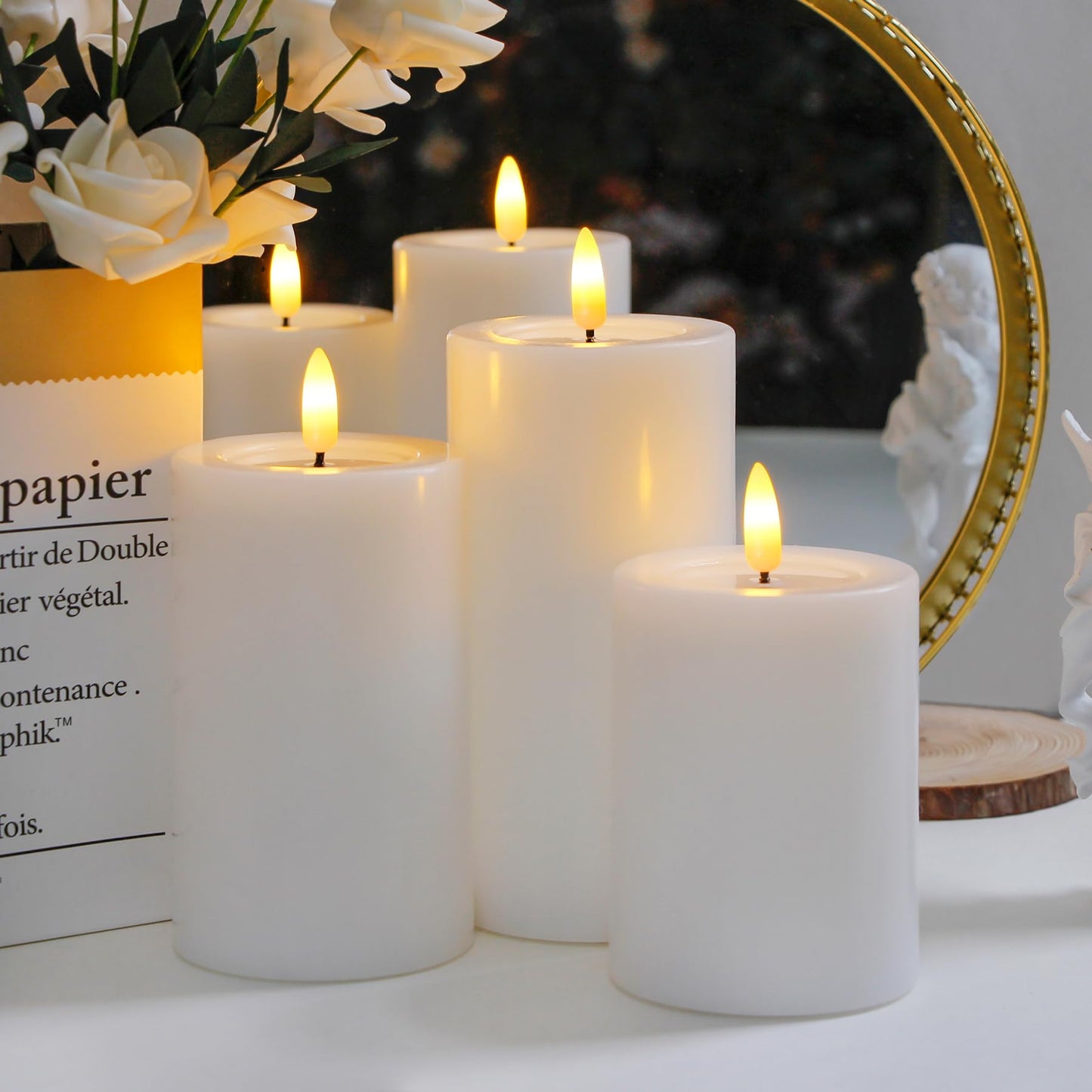 Yeelida Remote Flameless Flickering Pillar Candles with Candle Grease Effect,Pack of 3 White LED Battery Oprated 2/4/6/8 Hours Timer Real Wax Electric Candles(3x4,5,6 Inches)