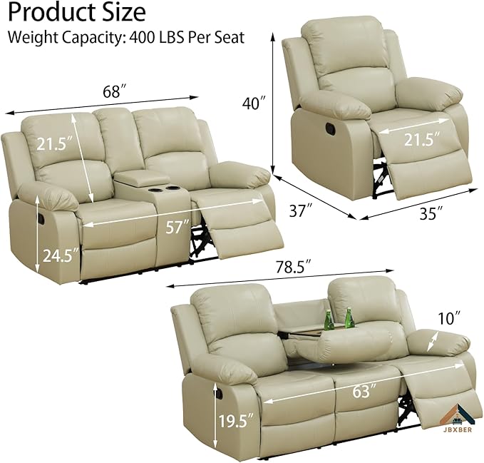JBXBER Manual Recliner Sofa Set for Living Room, Leather Reclining Sofa Sets, Faux Leather Couch Set with Cup Holders, Drop-Down Table and Storage Console(Sofa,Beige)