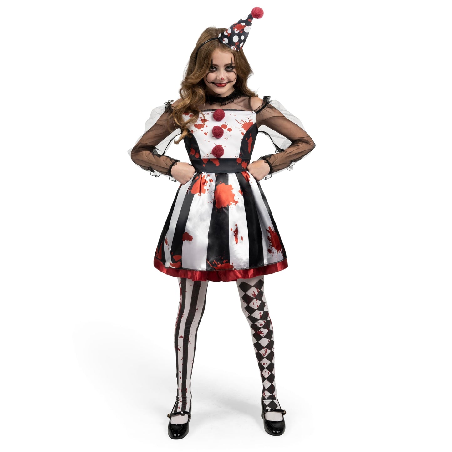 Spooktacular Creations Girls Clown Costume, Halloween Scary Clown Costume, Black and White Bloody Jester Dress for Girls Halloween Dress Up, Role Play, Cosplay Party-S