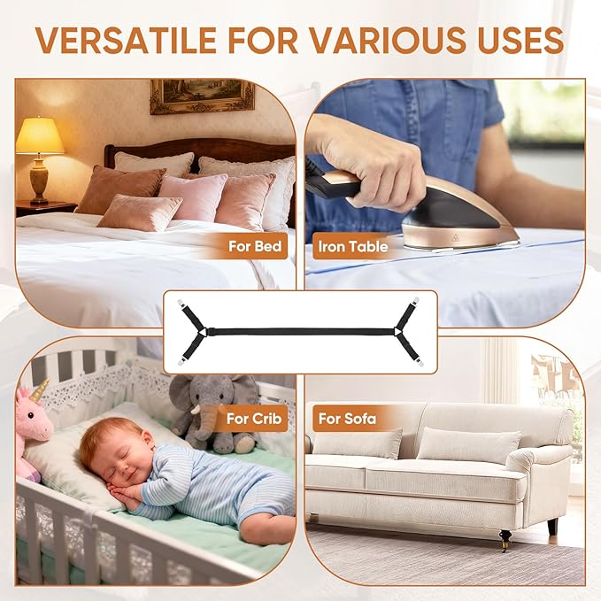Bed Sheet Holder Straps, 2Pcs Elastic Adjustable Bed Sheet Grippers,Fitted Sheet Holder Keep Sheets in Place, Enhance Sleep Experience, Black