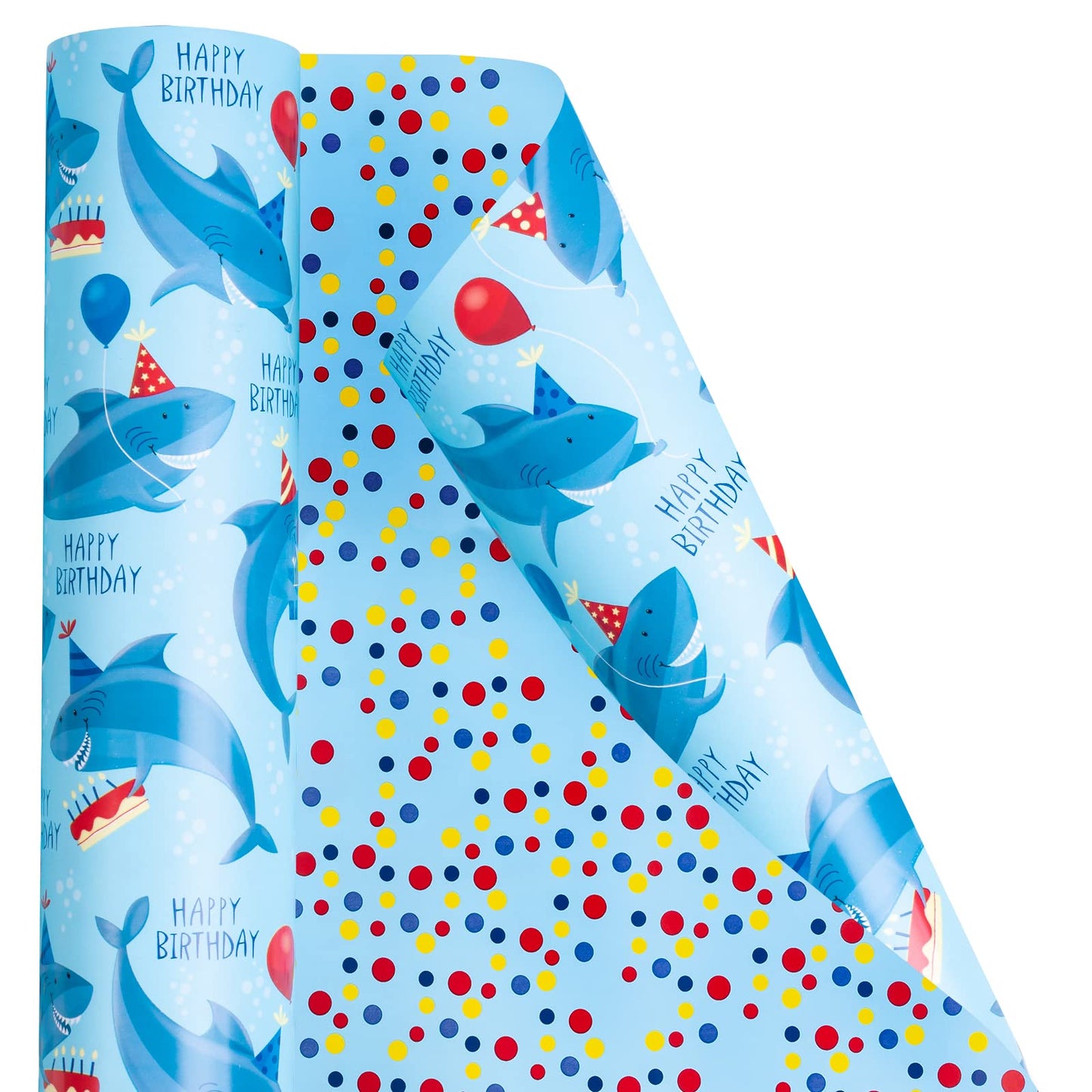 WRAPAHOLIC Jumbo Reversible Birthday Wrapping Paper - 24 in x 65.6 ft - Blue Sharks Ocean Wrapping Paper for Kids' Birthdays & Baby Showers