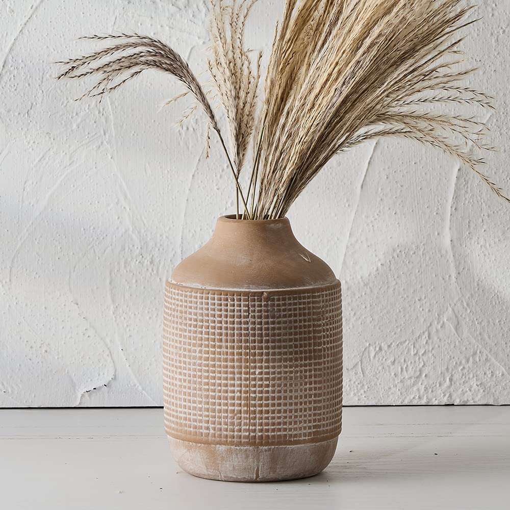 SIDUCAL Ceramic Decorative Flower Vase, 8 Inch Rustic Distressed Pottery Decorative Flower Vase for Home Decor, Ideal Shelf, Bookshelf, Mantle, Entryway, Living Room, Table Decor