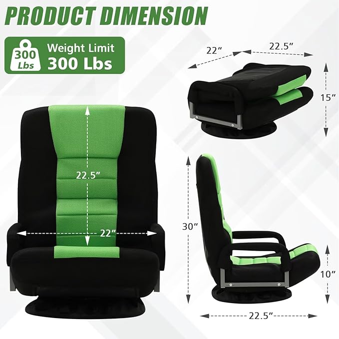 ACIPENSER Swivel Gaming Chair Multipurpose Floor Gaming Chair for Playing Video Games, TV, Reading w/Armrest Lumbar Support & 6 Adjustable Postion Backrest for Adults & Kids,Green